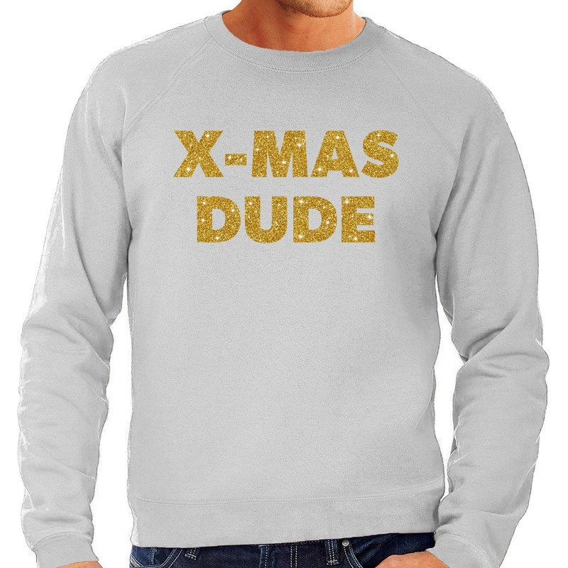 Foute Kersttrui x-mas dude gouden glitter letters grijs heren