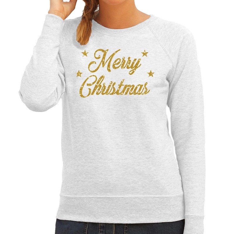 Kersttrui Merry Christmas gouden glitter letters grijs dames