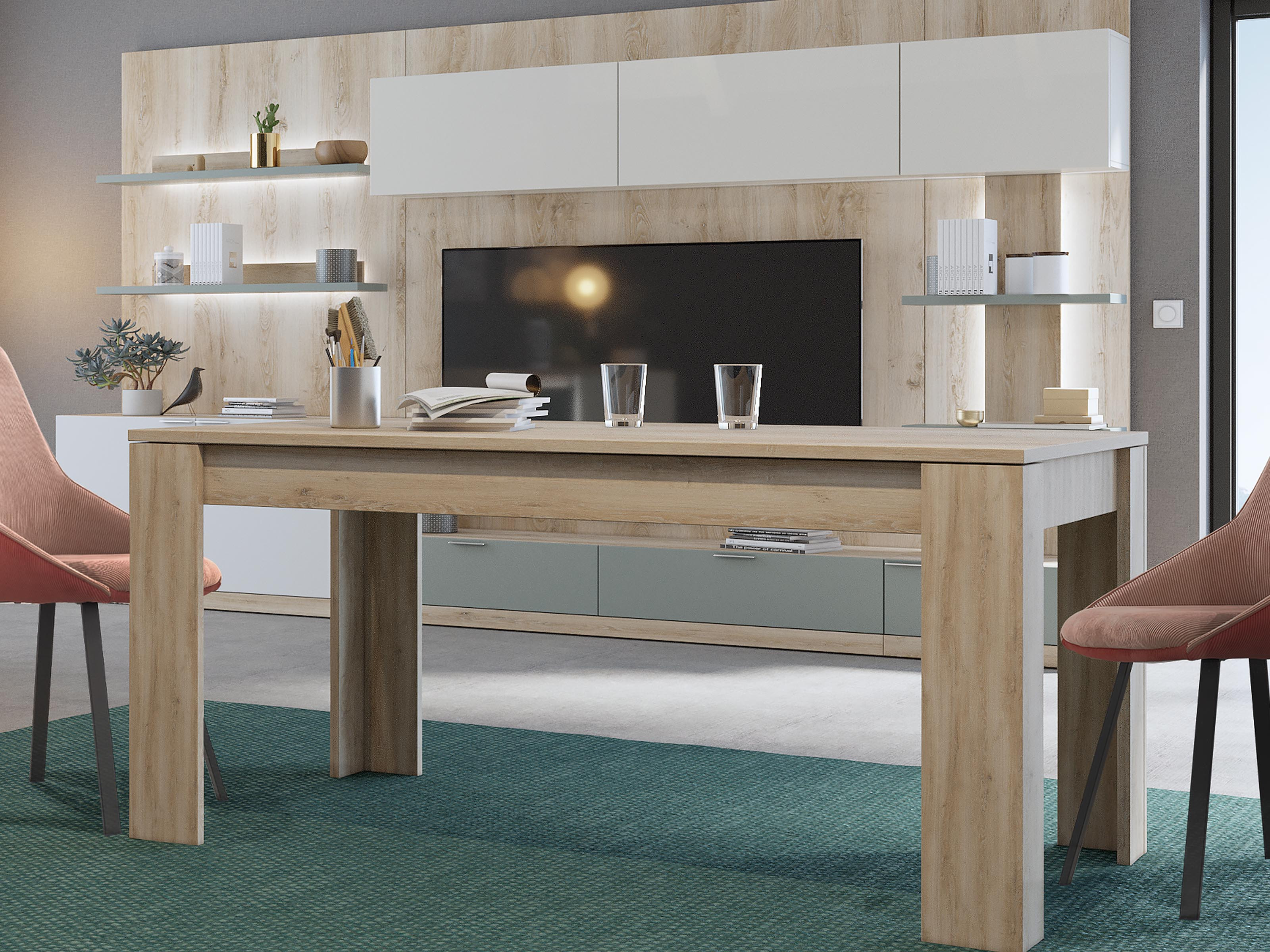 Eettafel ASOLINE 160>225 cm hoogglans wit/brooklyn eik