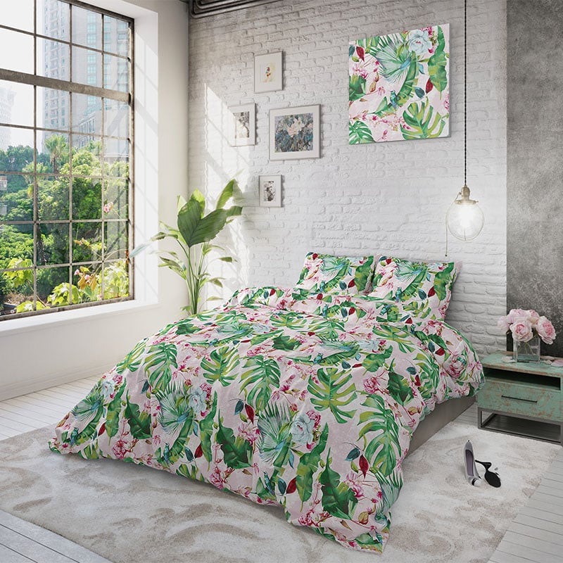 Dekbedovertrek Jolien Dekbedovertrek - Lits-Jumeaux (240x220 cm) - Groen & Roze Polyester-katoen - Dessin: Natuur - Sleeptime Elegance -