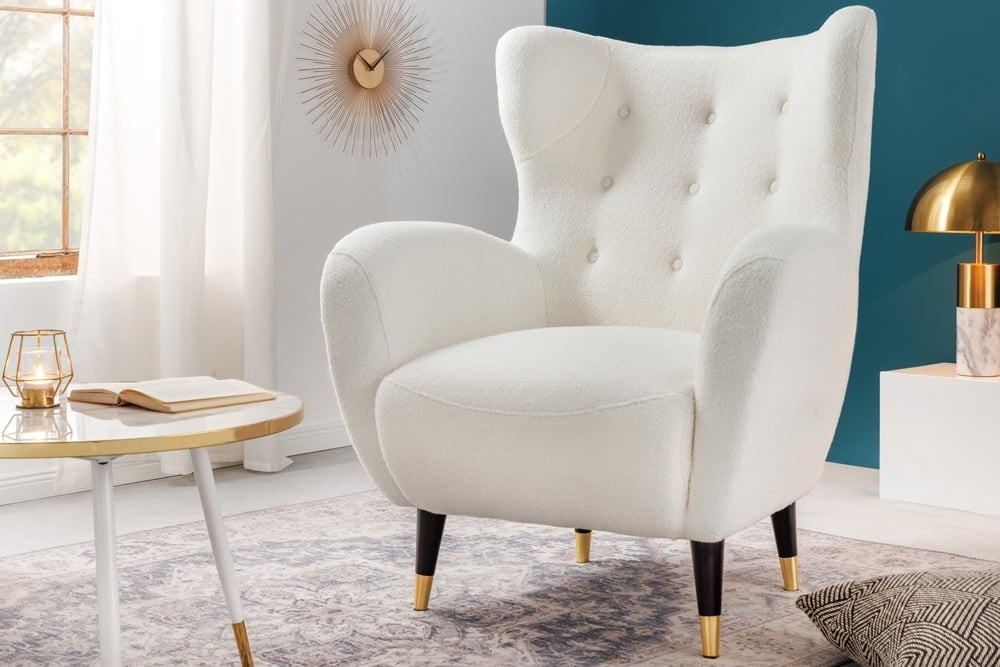 Retro design fauteuil DON wit Boucle stof veerkern gouden voetdoppen - 42639