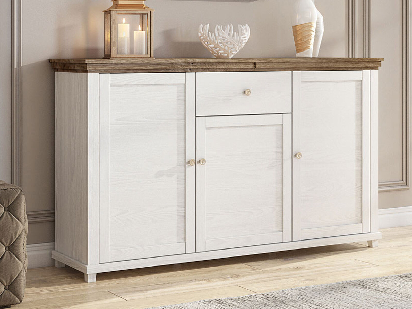 Commode EVOCO 3 deuren en 1 lade wit/ribbec eik