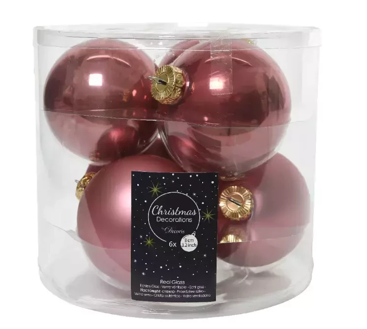 Decoris kerstballen glas 6st velours roze 8cm