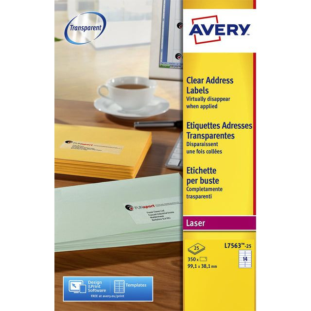 Avery transparante etiketten QuickPEEL ft 99,1 x 38,1 mm (b x h), 350 stuks, 14 per blad