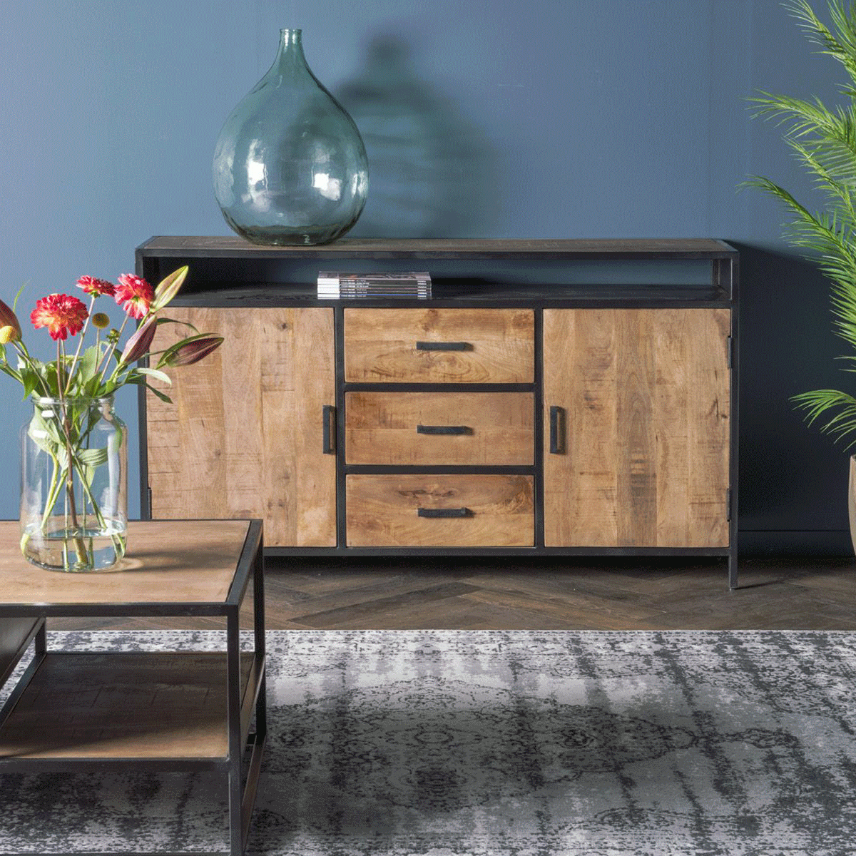 Livingfurn Dressoir Sturdy Mangohout - Naturel / Zwart