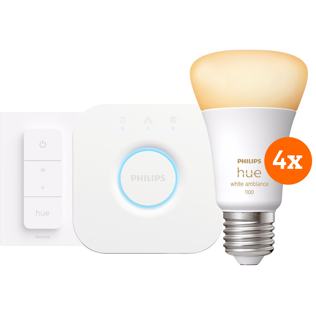 Philips Hue White Ambiance Starter Pack E27 met 4 lampen, dimmer + bridge