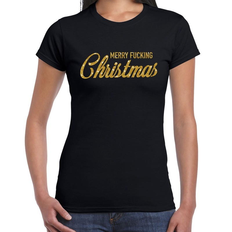 Fout kerstshirt Merry Fucking Christmas goud glitter zwart dames