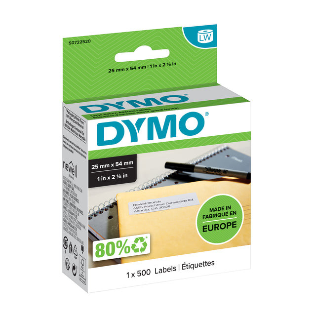 Dymo etiketten LabelWriter ft 25 x 54 mm, wit, 500 etiketten