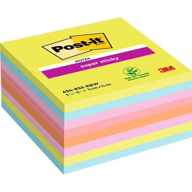 Memoblok 3M Post-it 654 Super Sticky 76x76mm rainbow 360 vel