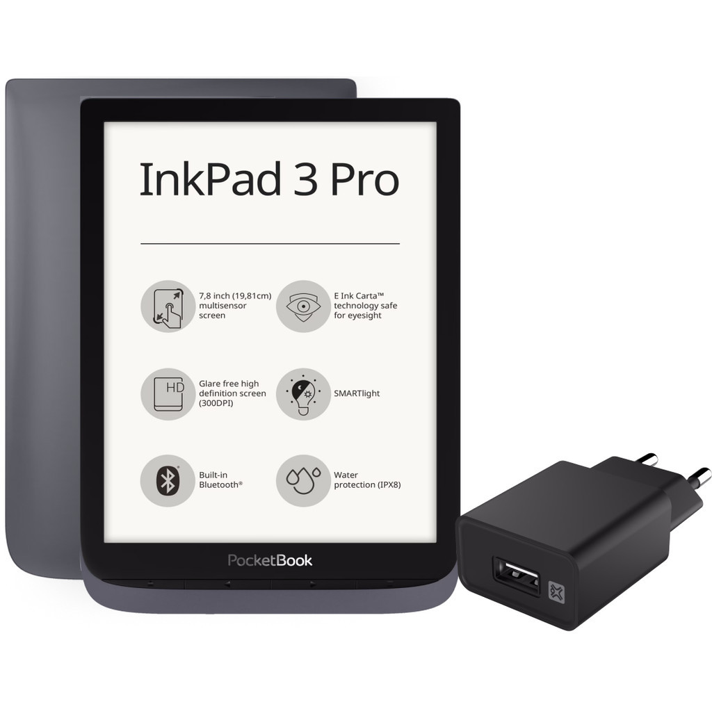 Pocketbook Inkpad 3 Pro + XtremeMac Oplader met Usb A Poort 12W Zwart