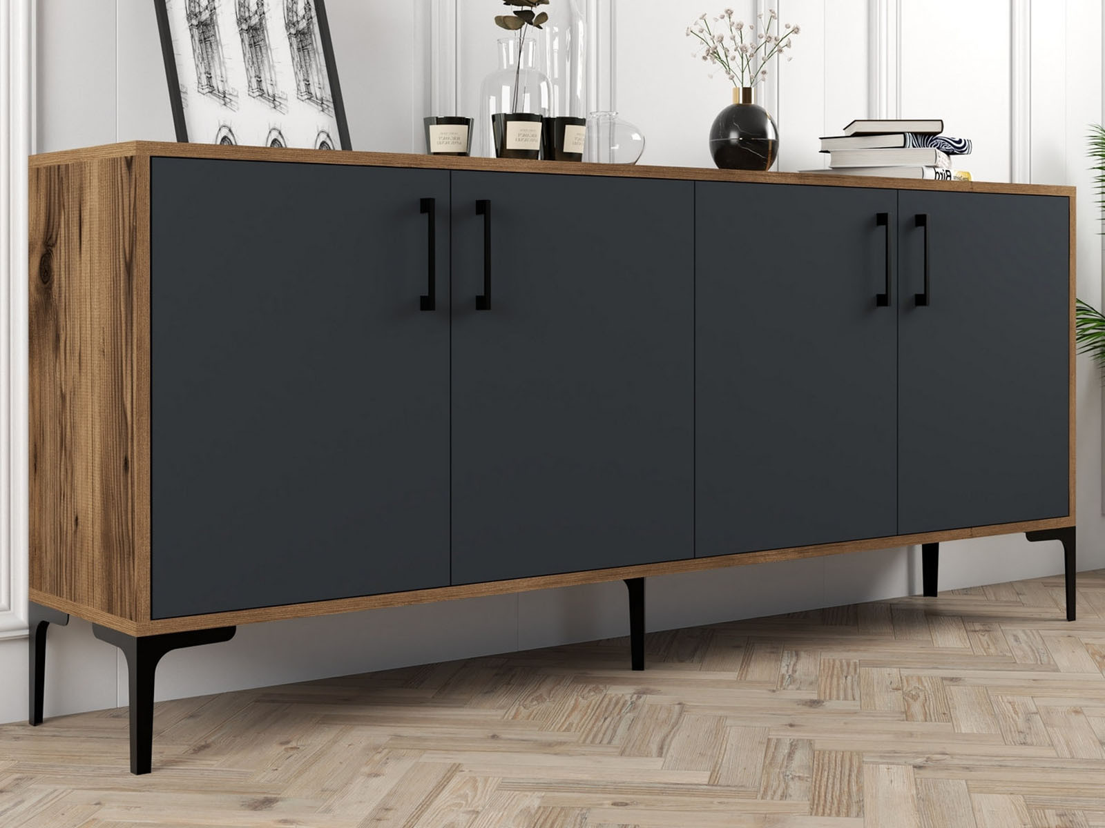 Dressoir KIAN 4 deuren walnoot/antraciet