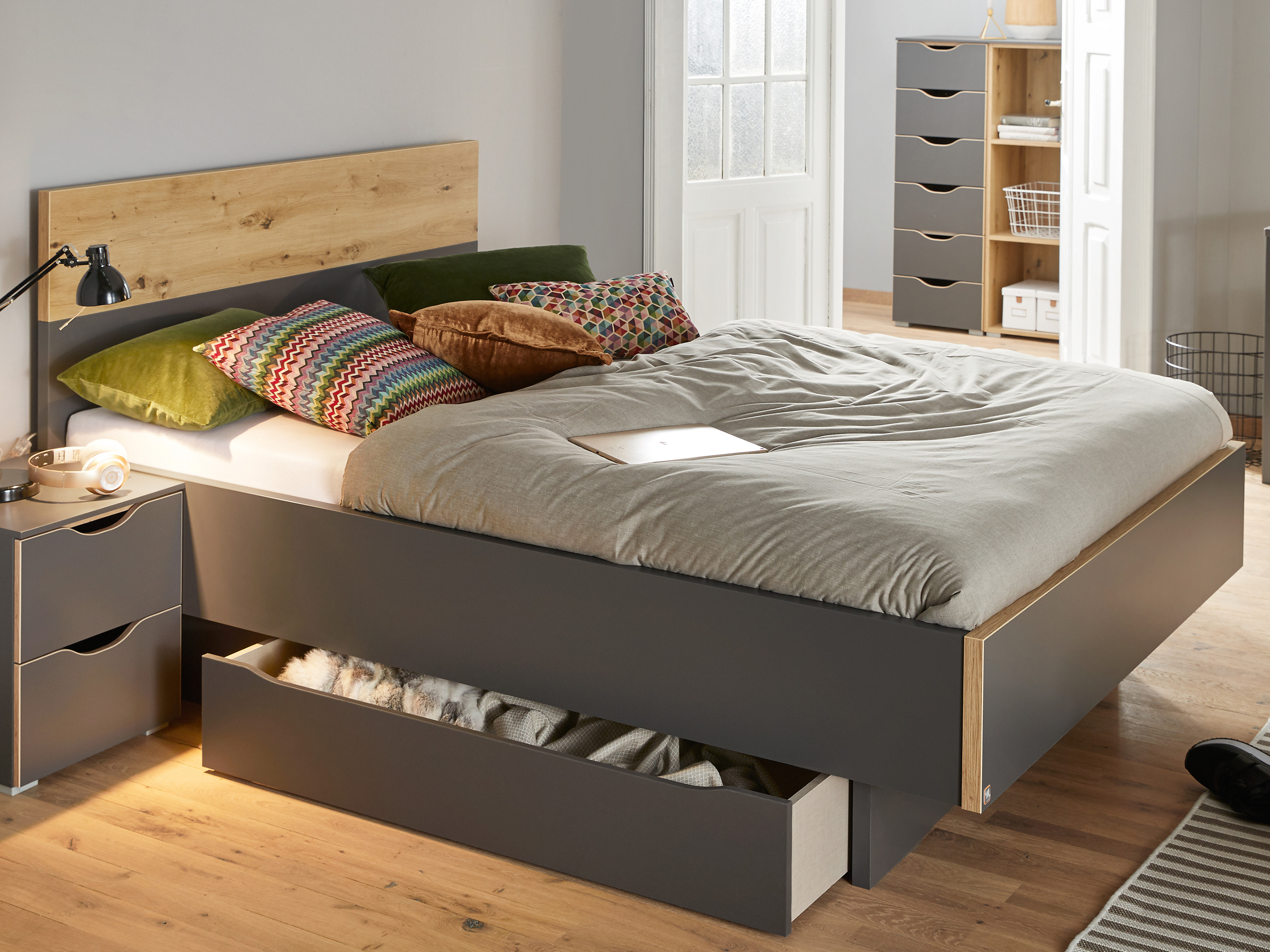 Tweepersoonsbed LAAM 140x200 cm grafiet met lades