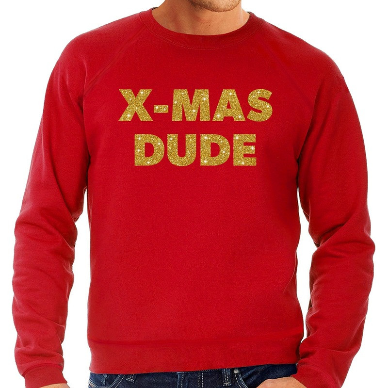 Foute Kersttrui x-mas dude gouden glitter letters rood heren