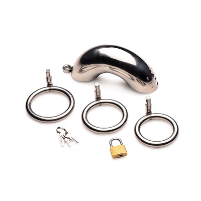 XR Brands Lockable Stainless Steel Chastity Cage with 3 Rings