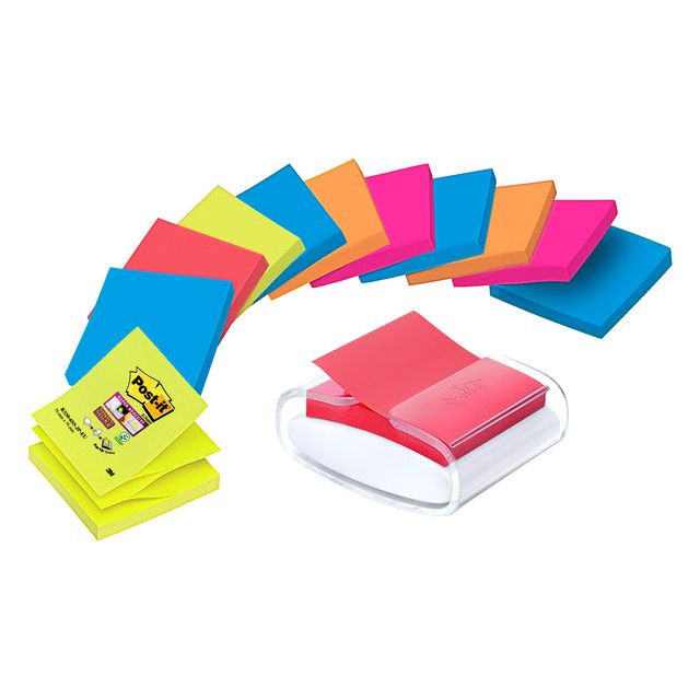 Post-it Super Sticky Z-notes dispenser Pro Color wit, voor ft 76 x 76 mm, inclusief 12 blokken van 90 vel