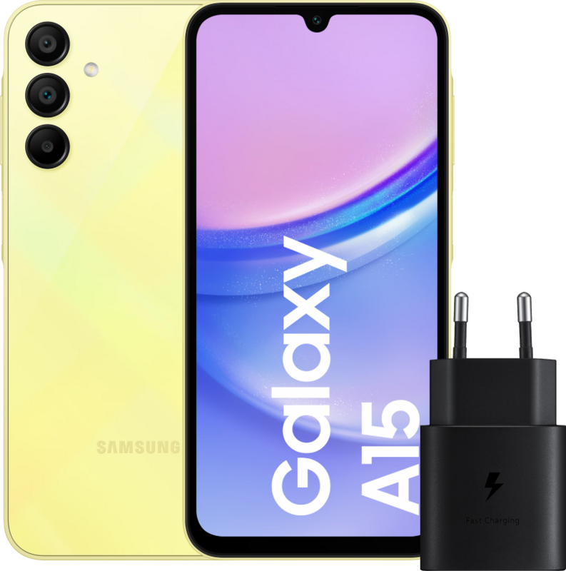 Samsung Galaxy A15 128GB Geel 4G + Samsung Oplader 25 Watt Zwart