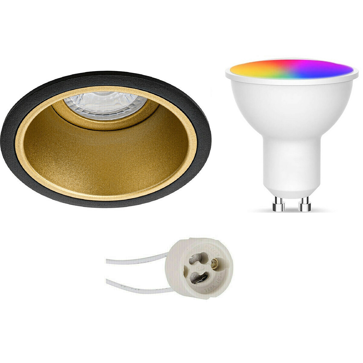 LED Spot Set GU10 - Facto - Smart LED - Wifi LED - Slimme LED - 5W - RGB+CCT - Aanpasbare Kleur - Dimbaar - Pragmi Minko Pro - Inbouw Rond - Mat Zwart/Goud - Verdiept - Ø90mm