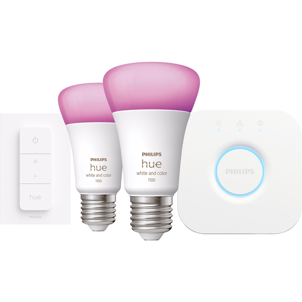 Philips Hue White and Color Starter Pack E27 met 2 lampen, dimmer + bridge