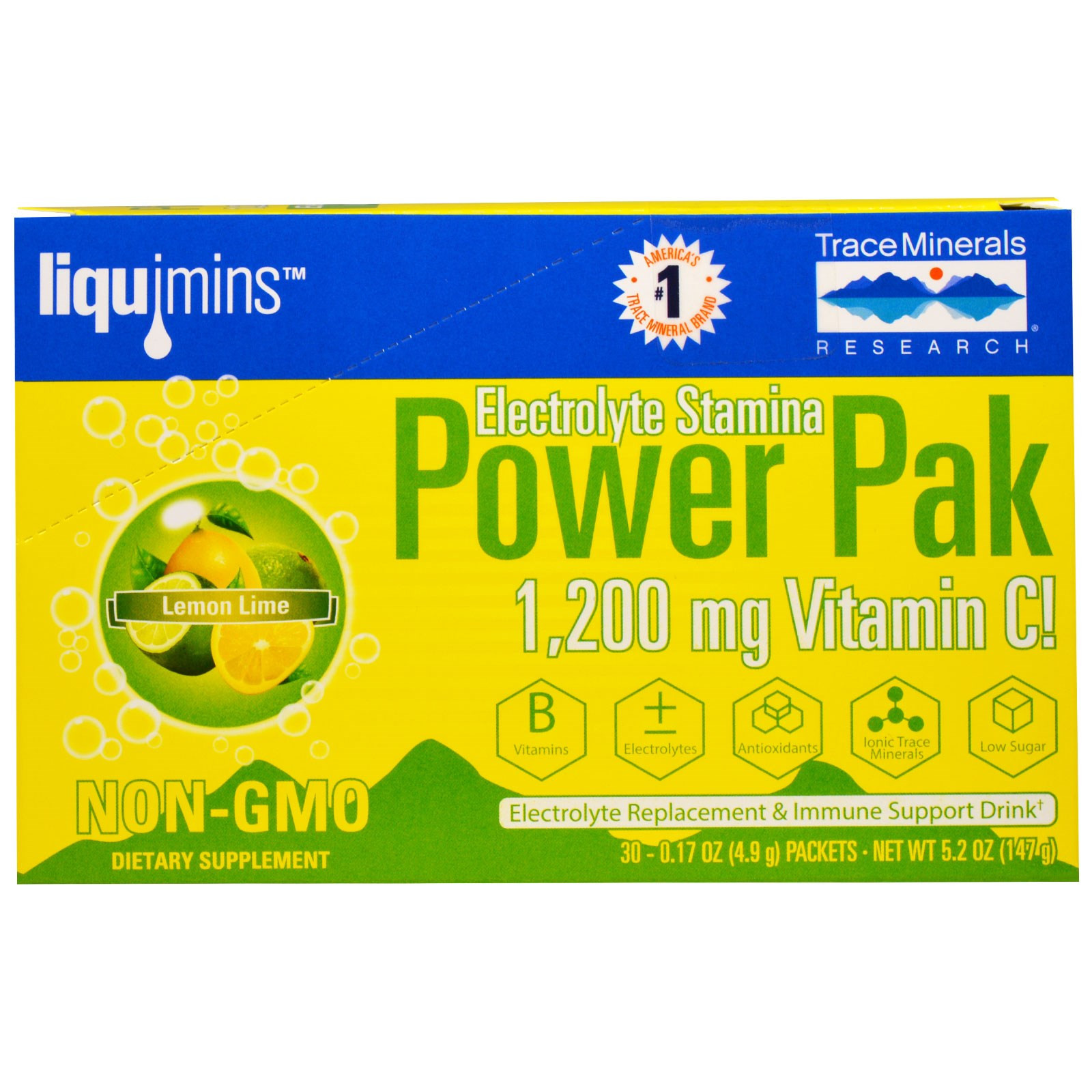 Electrolyte Stamina, Power Pak, Lemon Lime (30 Packets, 4.9 g Each) - Trace Minerals Research