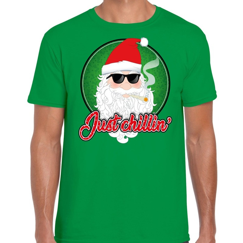 Fout kerst shirt just chillin groen voor heren