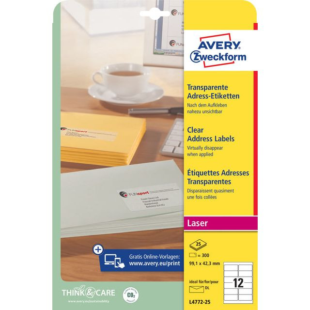 Avery transparante etiketten QuickPEEL ft 99,1 x 42,3 mm (b x h), 300 stuks, 12 per blad