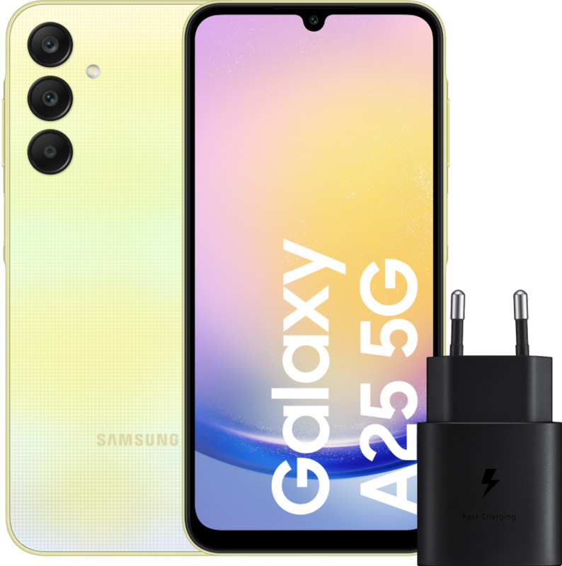 Samsung Galaxy A25 128GB Geel 5G + Samsung Oplader 25 Watt Zwart