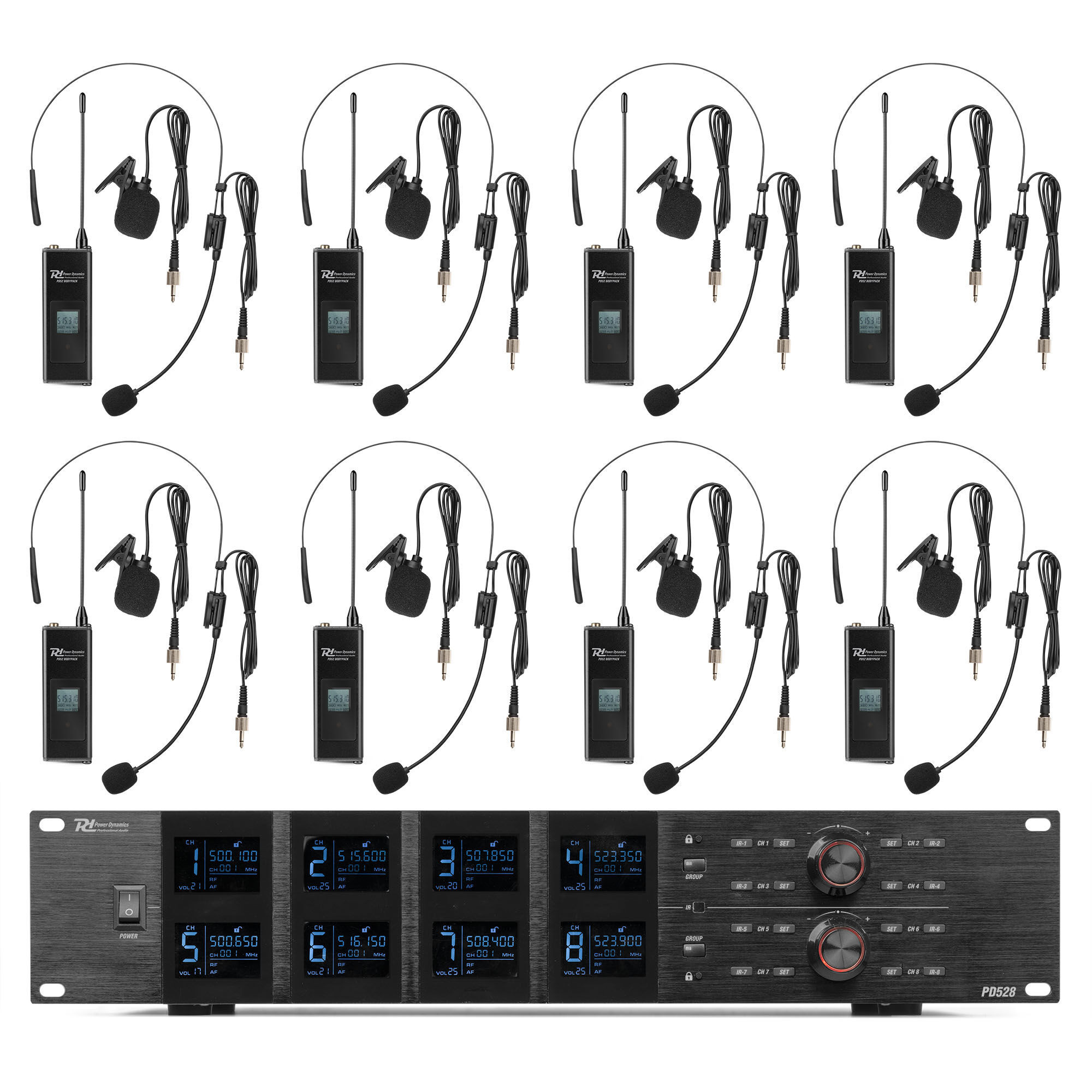 Power Dynamics PD528B UHF draadloos microfoonsysteem met 8 bodypack