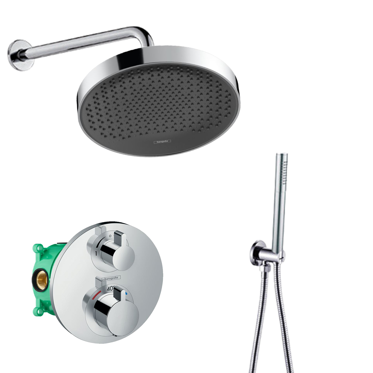 Hansgrohe Rainfinity inbouw regendouche met thermostaatkraan Ecostat S en Saniclear muurarm chroom