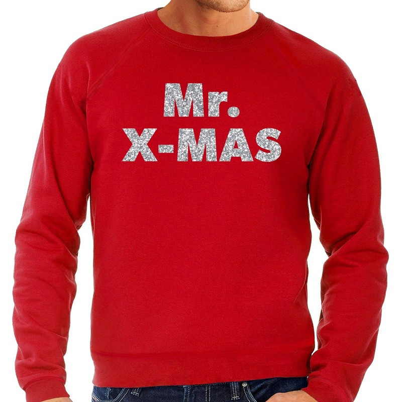 Foute Kersttrui Mr. x-mas zilveren glitter letters rood heren