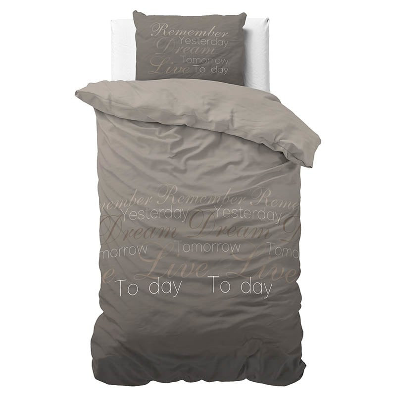 Dekbedovertrek Live Today - Eenpersoons (140x220 cm) - Taupe Polyester-katoen - Dessin: Tekst - Sleeptime - Dekbed-Discounter.nl