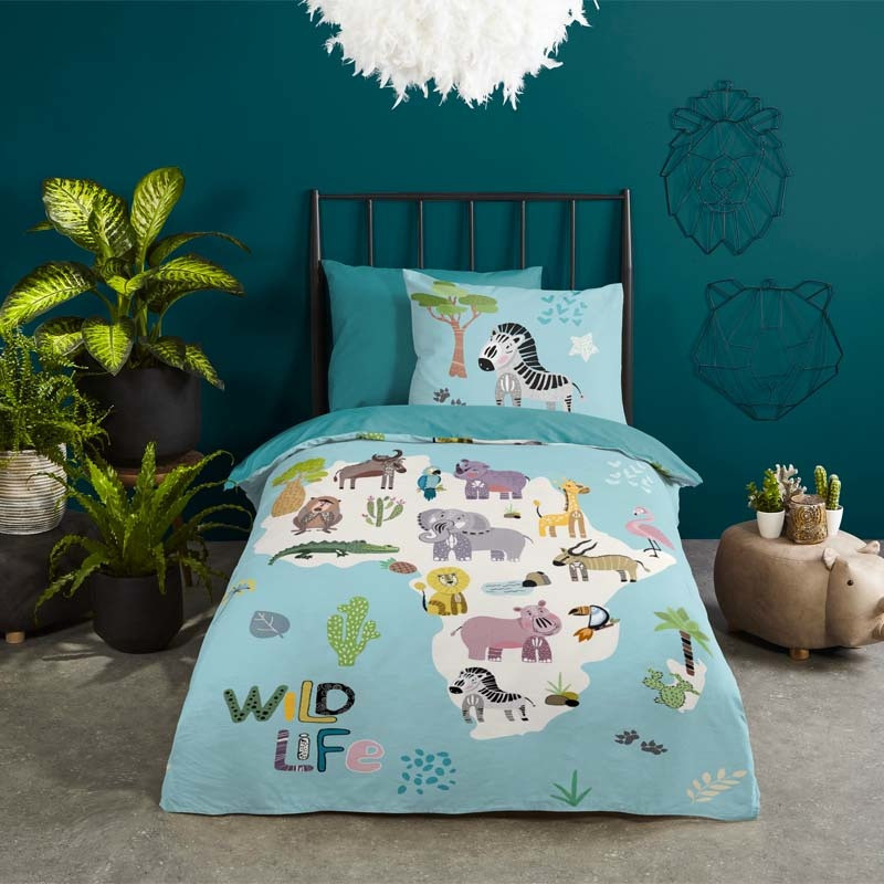 Kinderdekbedovertrek Dekbedovertrek Wildlife - 200x140 cm Blauw - Dessin: Dieren - Good Morning - Dekbed-Discounter.nl