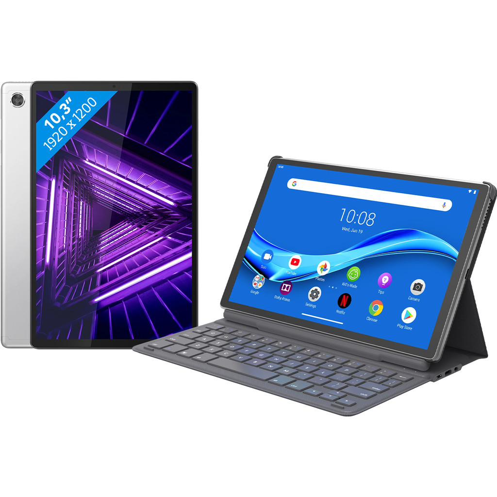 Lenovo Tab M10 Plus (2de generatie) 64GB Wifi Zilver + Toetsenbord Hoes QWERTY Grijs