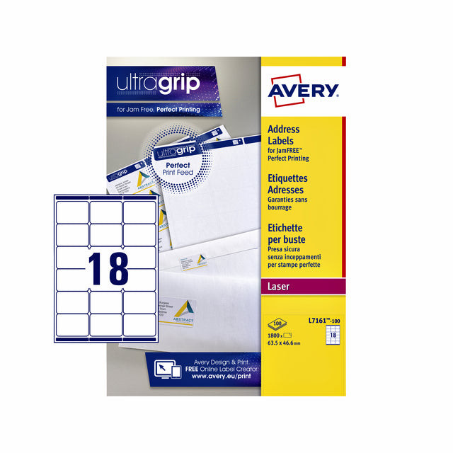 Avery L7161, Adresetiketten, Laser, Ultragrip, wit, 100 vellen, 18 per vel, 63,5 x 46,6 mm