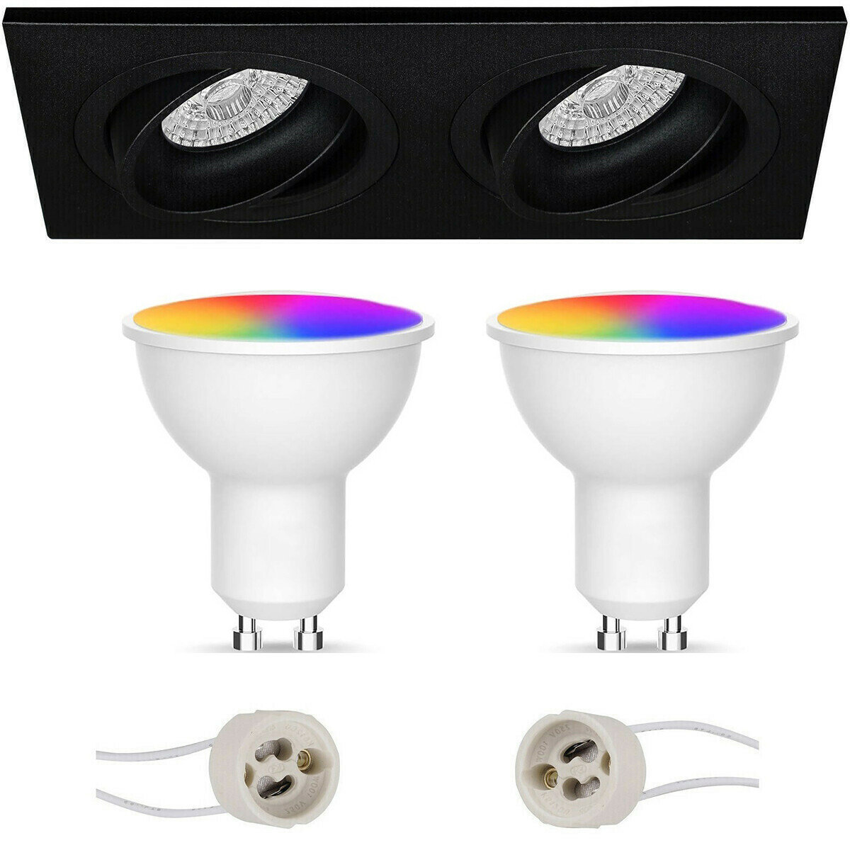 LED Spot Set GU10 - Facto - Smart LED - Wifi LED - Slimme LED - 5W - RGB+CCT - Aanpasbare Kleur - Dimbaar - Pragmi Borny Pro - Inbouw Rechthoek Dubbel - Mat Zwart - Kantelbaar - 175x92mm