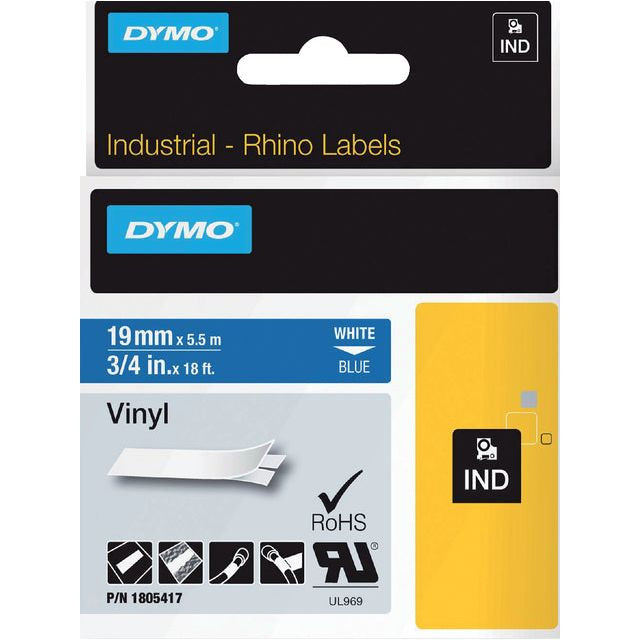 Dymo RHINO vinyltape 19 mm, wit op blauw