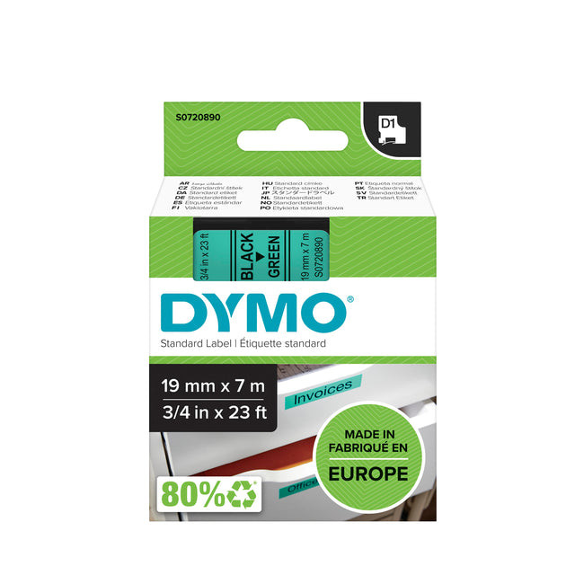 Dymo D1 tape 19 mm, zwart op groen