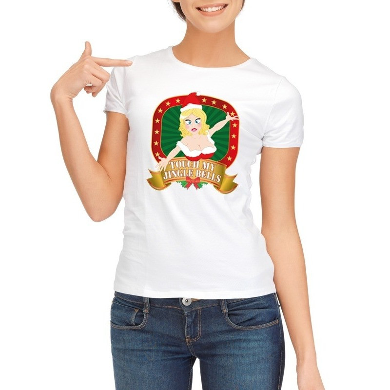 Foute kerst t-shirt wit Touch my jingle bells voor dames