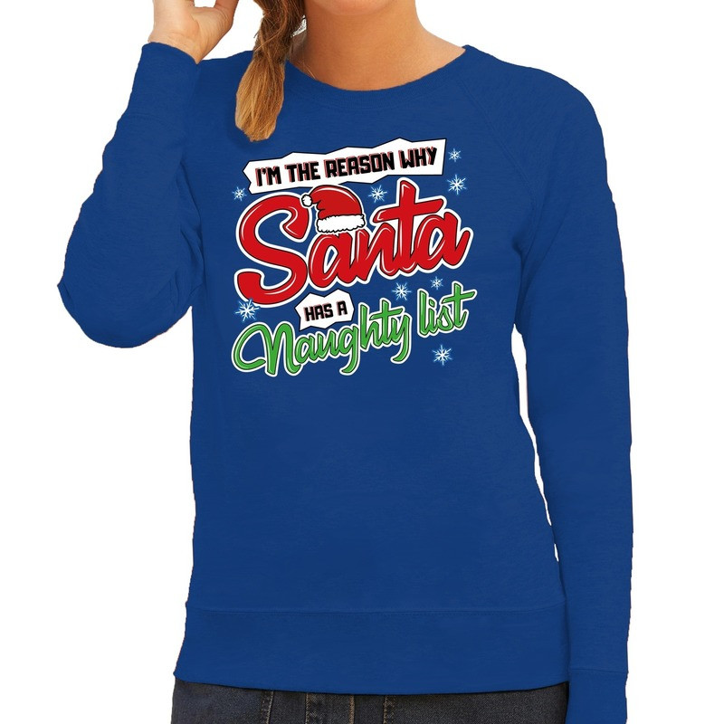 Foute Kersttrui why santa has a naughty list blauw voor dames