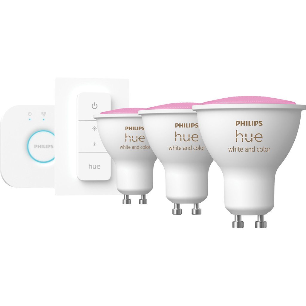 Philips Hue White & Color Starter 3-Pack GU10 + dimmer en Bridge