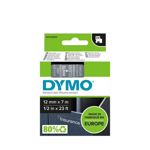 Dymo D1 tape 12 mm, wit op transparant