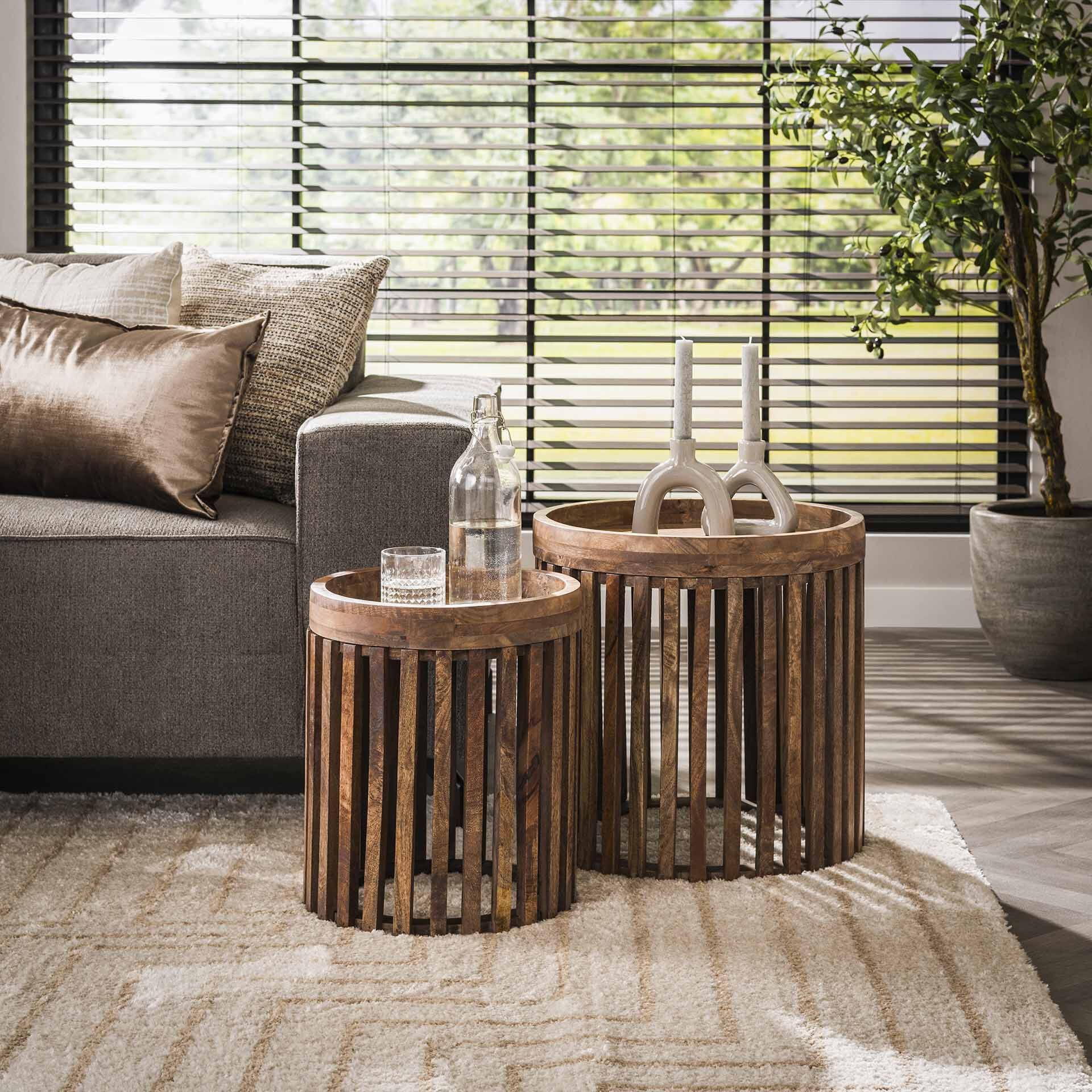 LifestyleFurn Bijzettafel Twiggy Mangohout, Set van 2 stuks - Massief mango zandkleur - Rond