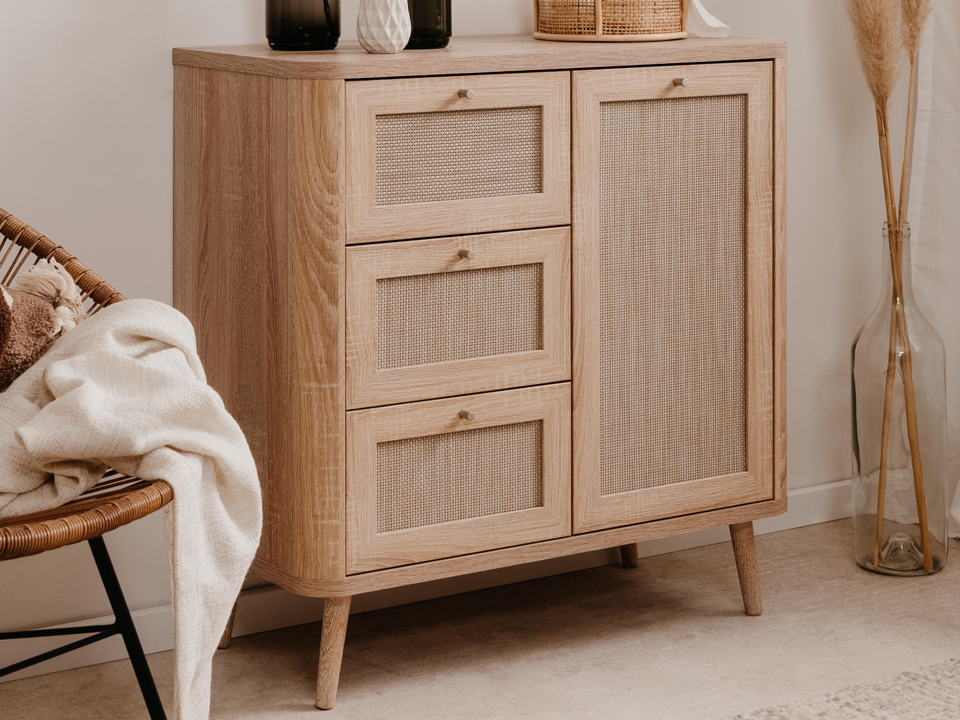 Commode KUALIBRE 1 deur 3 lades sonoma eik/rotan print