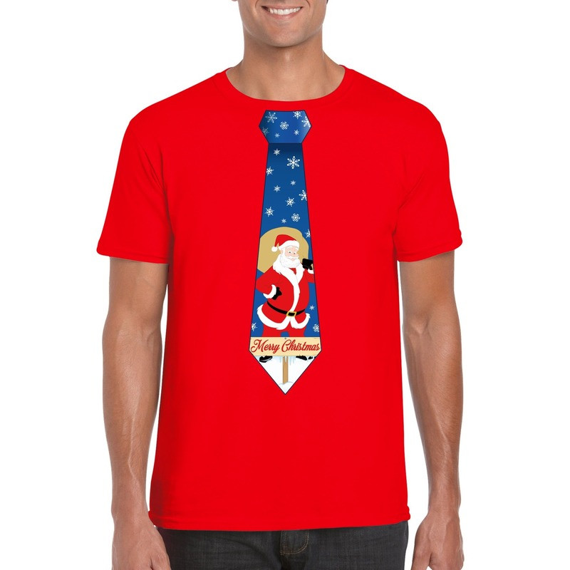 Foute Kerst t-shirt stropdas met kerstman print rood voor heren