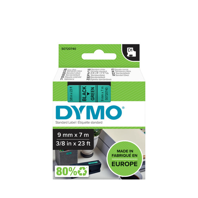 Dymo D1 tape 9 mm, zwart op groen