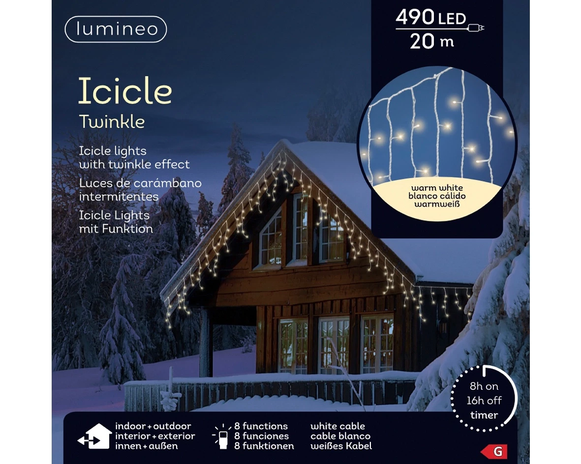 Lumineo icicle twinkle 490 led 20m warm wit wit kabel