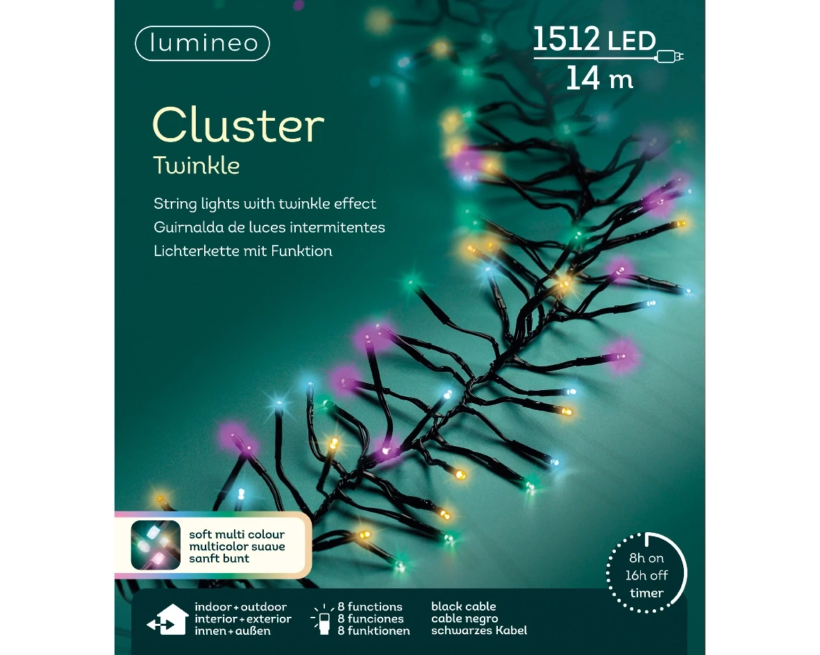 Lumineo cluster verlichting 1512Led 14m zwart/soft multi colour