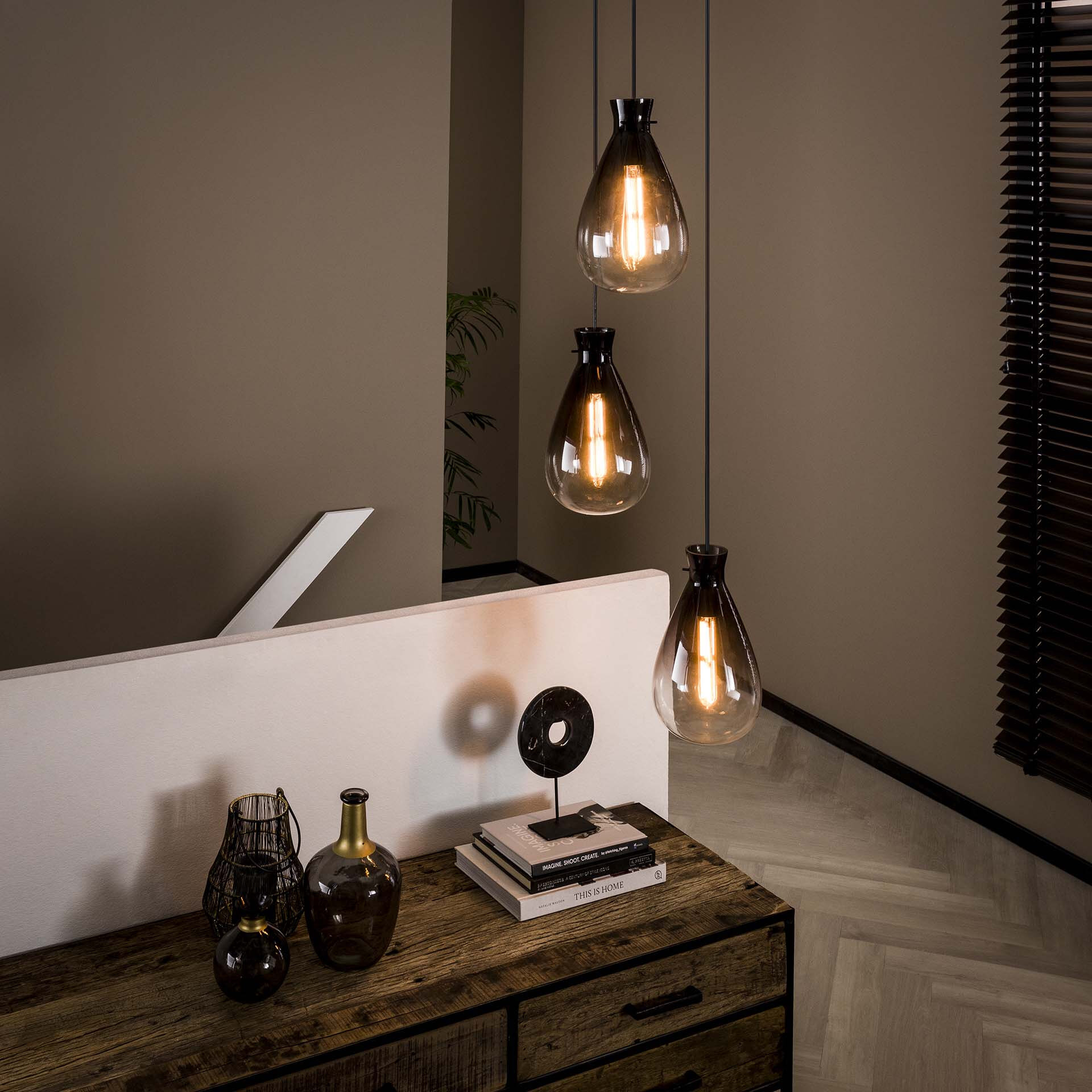 LifestyleFurn Hanglamp 'Nugget Shaded' met 3 smoke-glas kappen