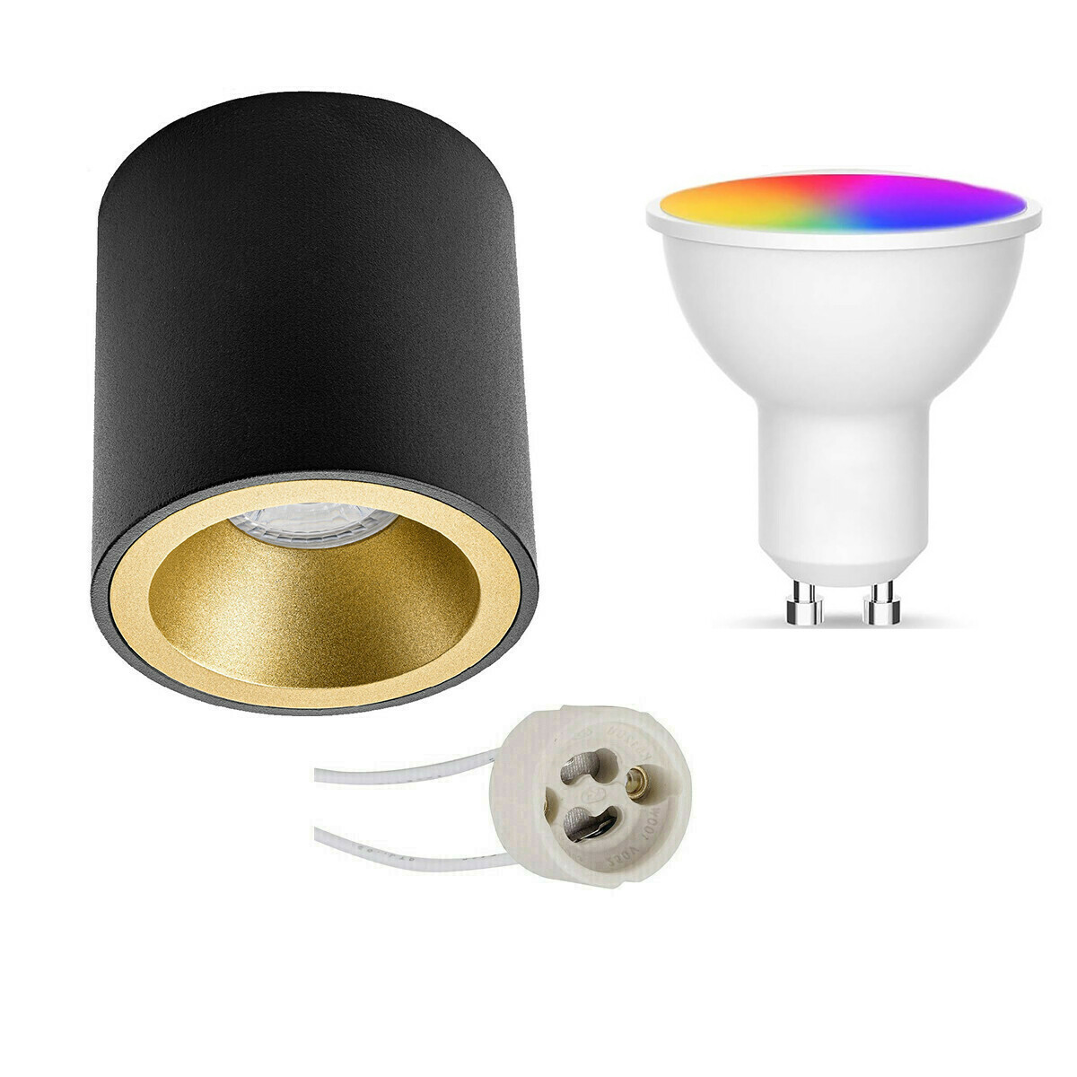 Opbouwspot Set GU10 - Facto - Smart LED - Wifi LED - Slimme LED - 5W - RGB+CCT - Aanpasbare Kleur - Dimbaar - Pragmi Cliron Pro - Opbouw Rond - Mat Zwart/Goud - Verdiept - Ø90mm