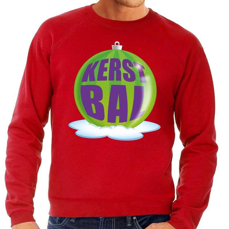 Foute kersttrui kerstbal groen op rode sweater voor heren