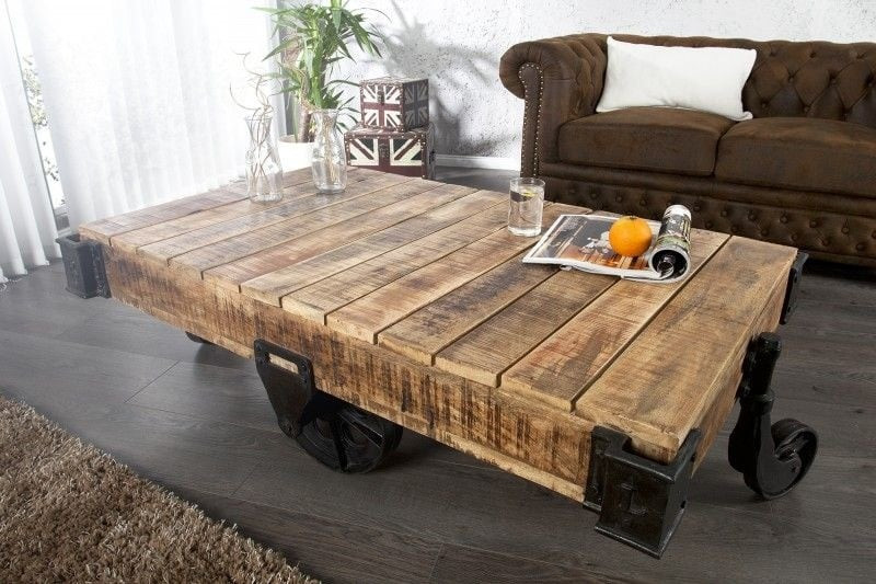 Solide design salontafel RAILWAY 110cm mangohout met 4 wielen - 36788